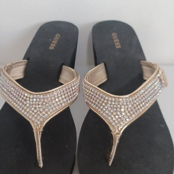 GUESS SARRALY WEDGE FLIP FLOPS WOMEN SIZE 10M BLACK w/GOLD SILVER RHINESTONES - Picture 5 of 8